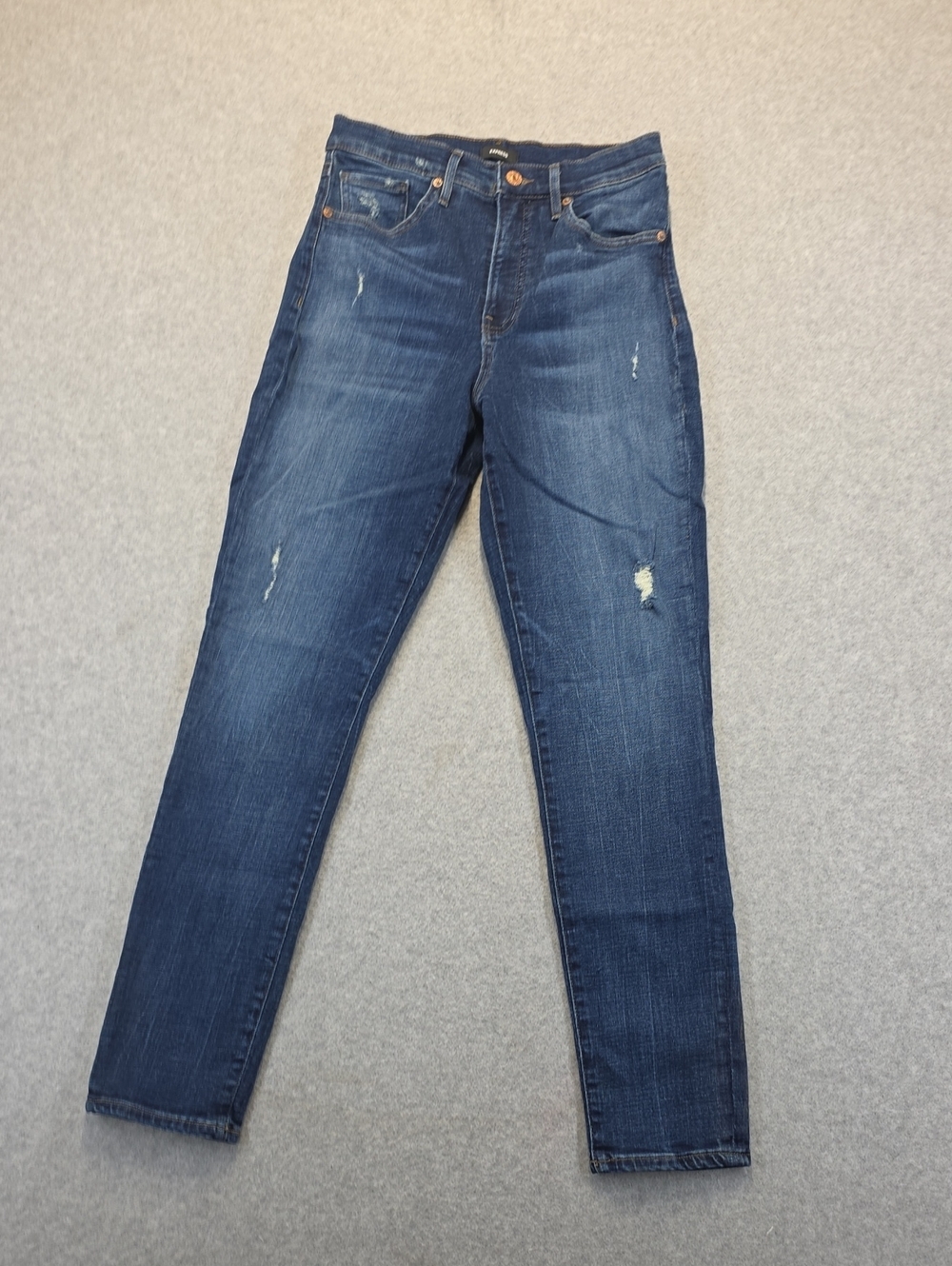 Express High Rise Skinny Jeans Size 6 Long Dark Wash Distressed Stretch Denim